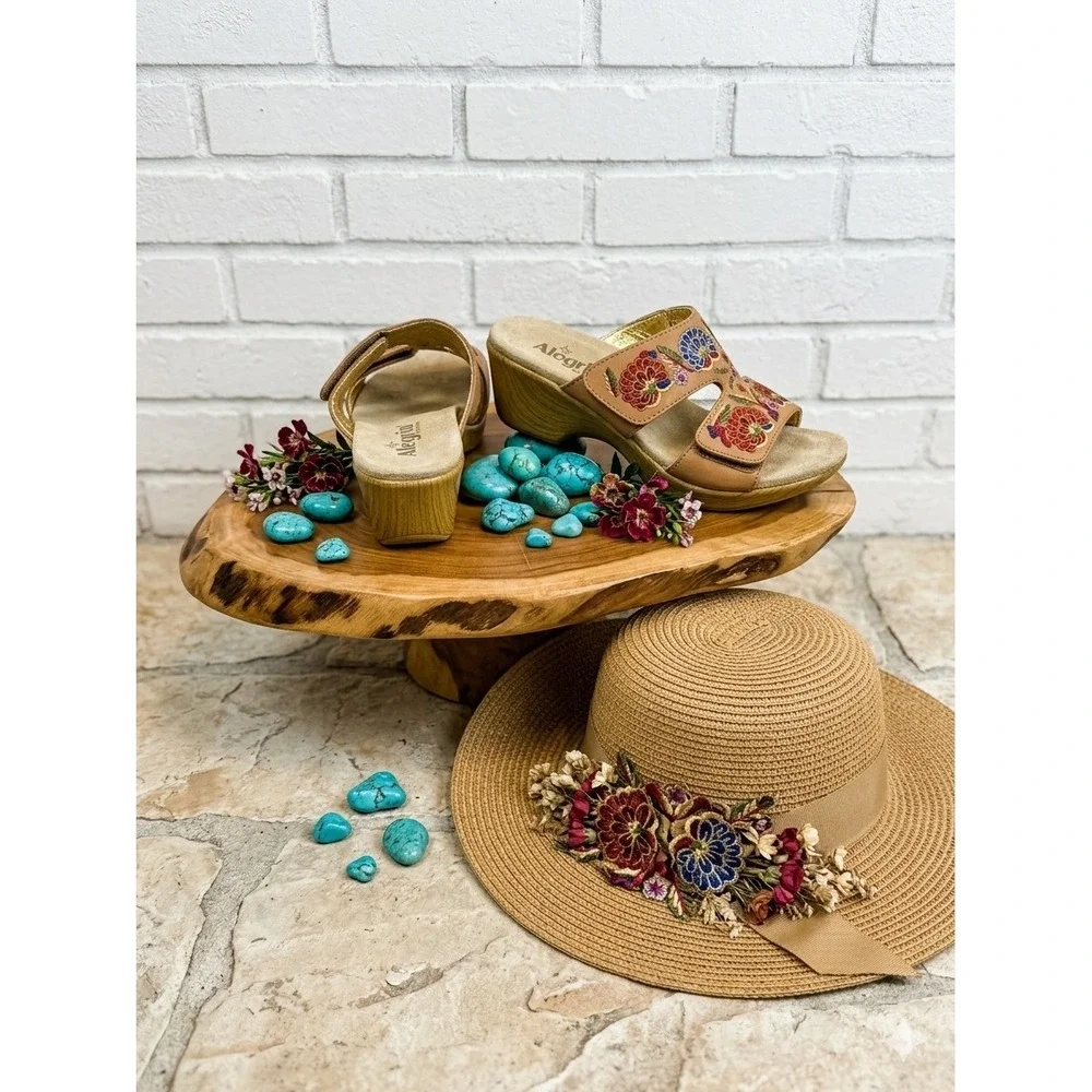 Alegria PG Lite 🦋Leather Floral Embroidered‎ Wedge Slide Sandals BOHO 38 7.5-8